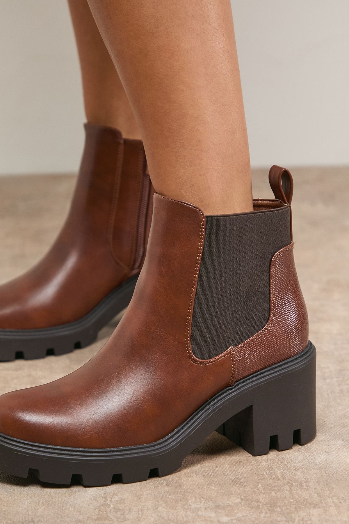 Oasis Oasis Women's Monty Faux Leather High Heel Chunky Chelsea Ankle Boots in Dark Tan - 3