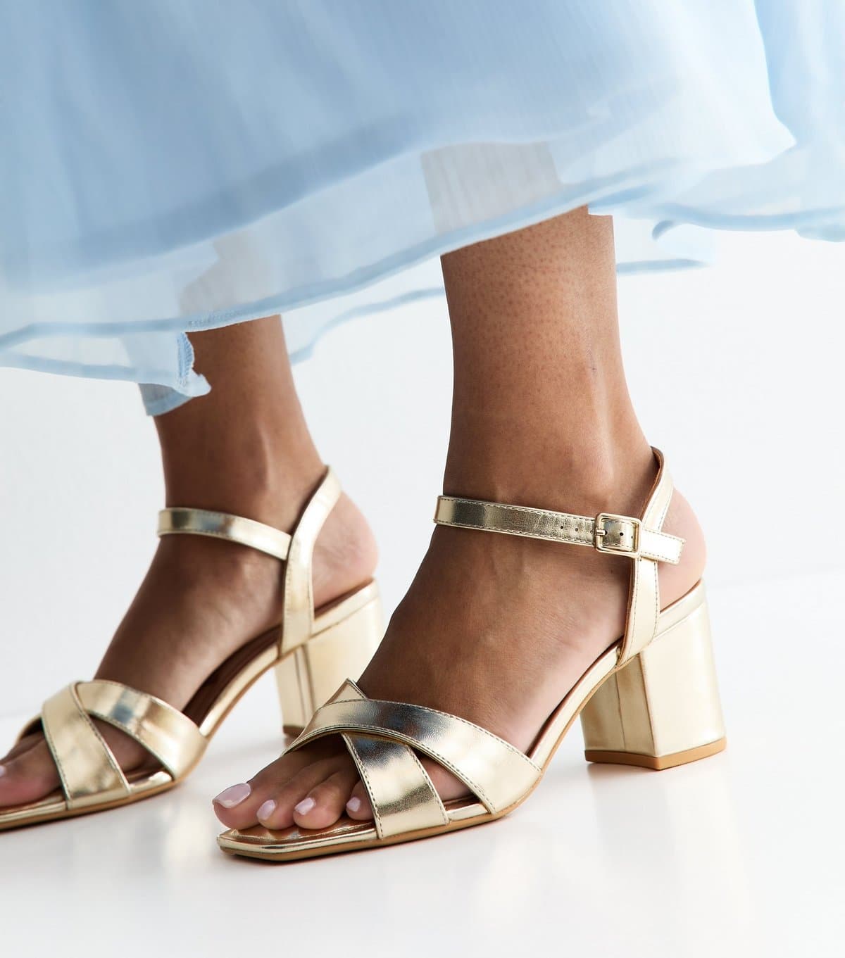 New Look Women's Wide Fit Gold Cross Strap Block Heel Sandals New Look