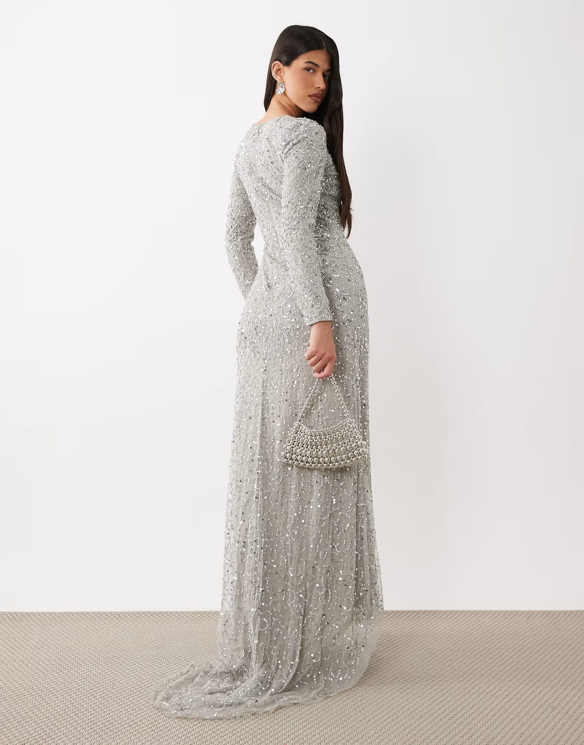 ASOS Beauut Maisa embellished long sleeve maxi dress in silver - 1