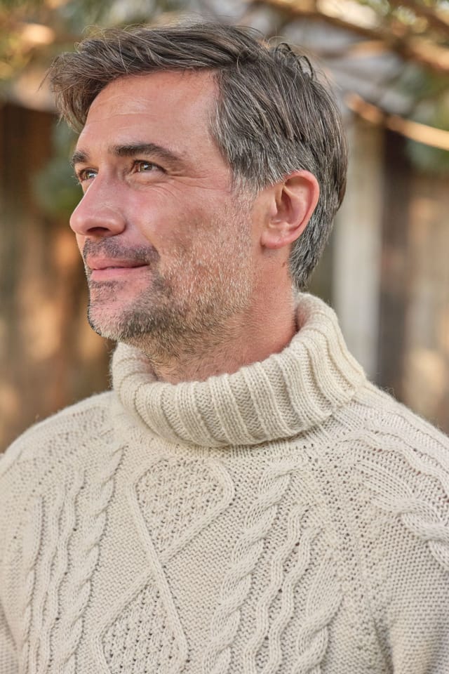 WoolOvers WoolOvers Men's Pure Wool Aran Polo Neck Jumper in Cream - 2