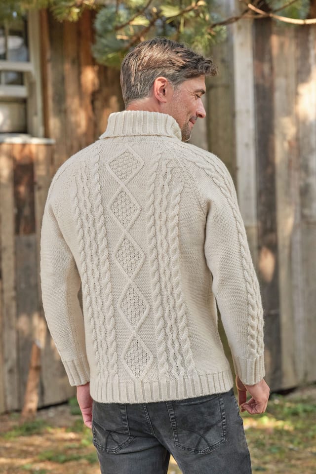 WoolOvers WoolOvers Men's Pure Wool Aran Polo Neck Jumper in Cream - 3
