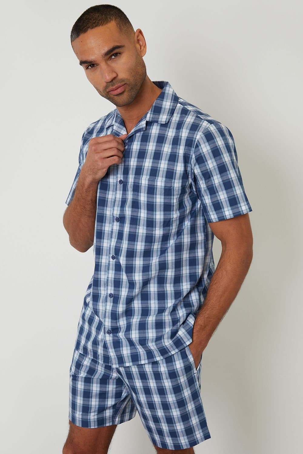 Threadbare Threadbare Men's Check Cotton Short Sleeve Shirt & Shorts Pyjama Set in Blue