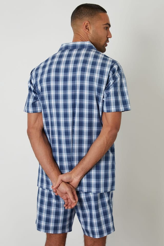 Threadbare Threadbare Men's Check Cotton Short Sleeve Shirt & Shorts Pyjama Set in Blue - 2