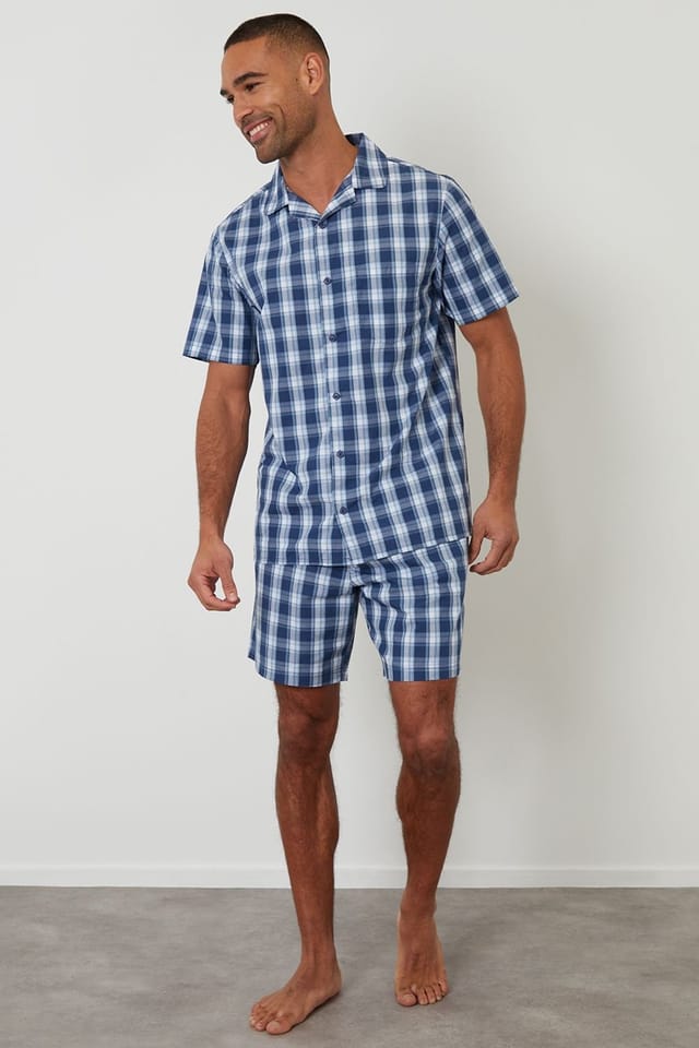 Threadbare Threadbare Men's Check Cotton Short Sleeve Shirt & Shorts Pyjama Set in Blue - 3