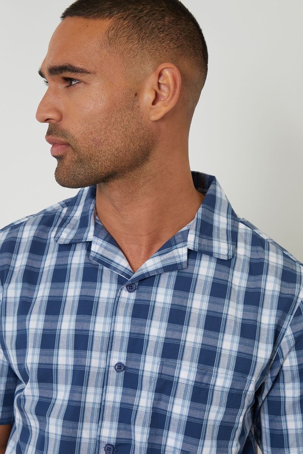 Threadbare Threadbare Men's Check Cotton Short Sleeve Shirt & Shorts Pyjama Set in Blue - 4