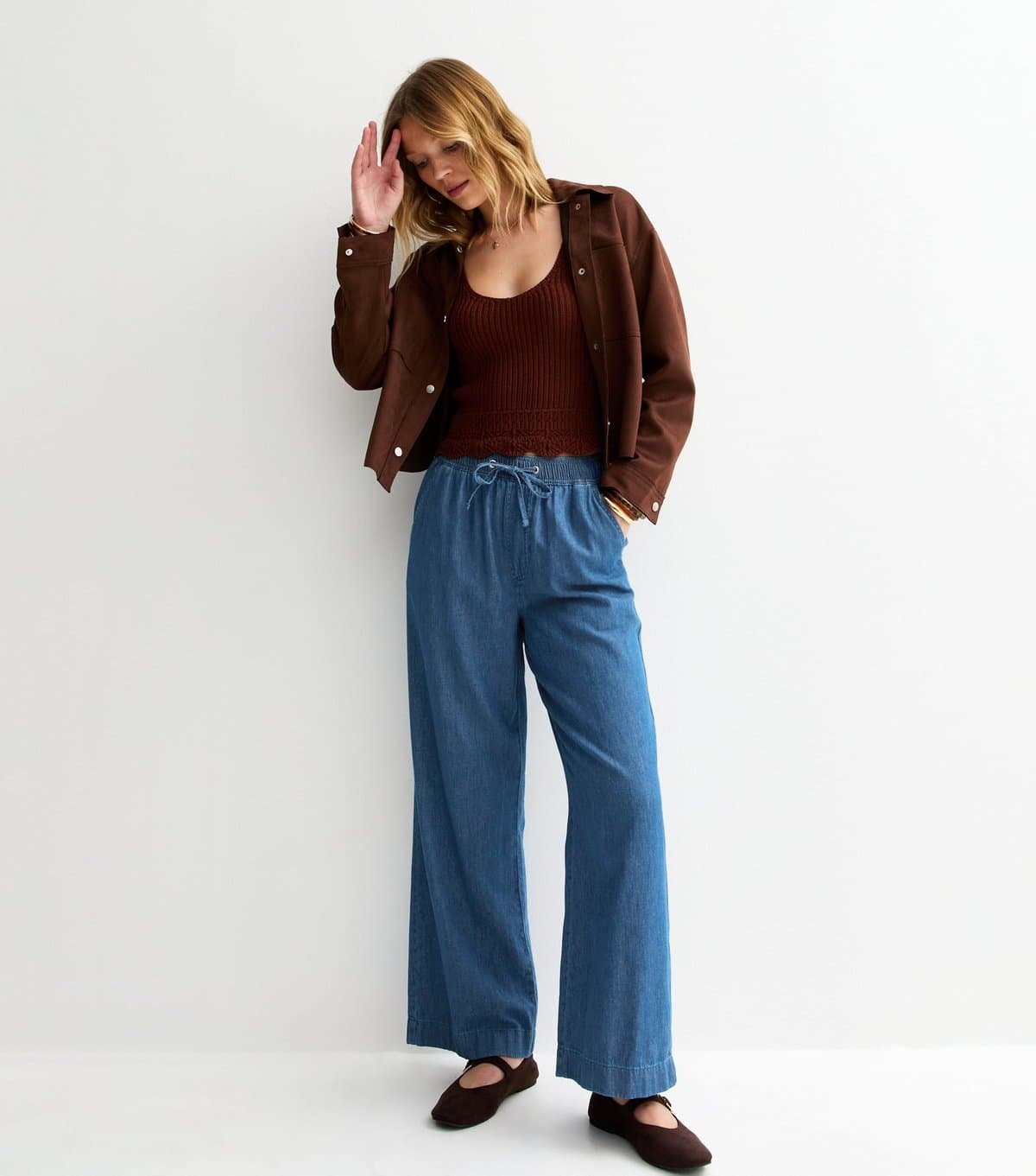 New Look Women's Blue Denim Drawstring Wide Leg Trousers New Look