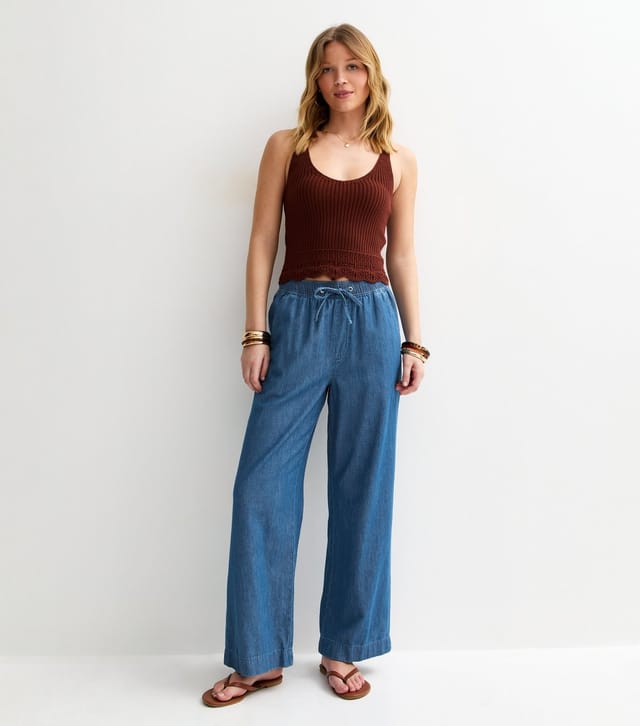 New Look Women's Blue Denim Drawstring Wide Leg Trousers New Look - 3