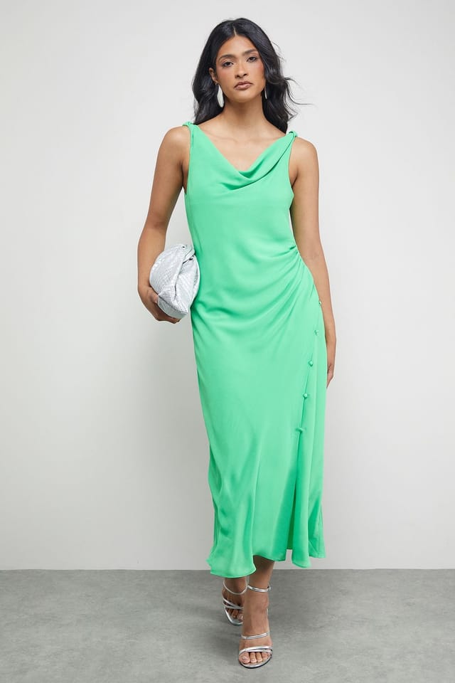 Warehouse Warehouse Women's Tony Chiffon Cowl Button Wrap Midi Slip Dress in Bright Green - 2