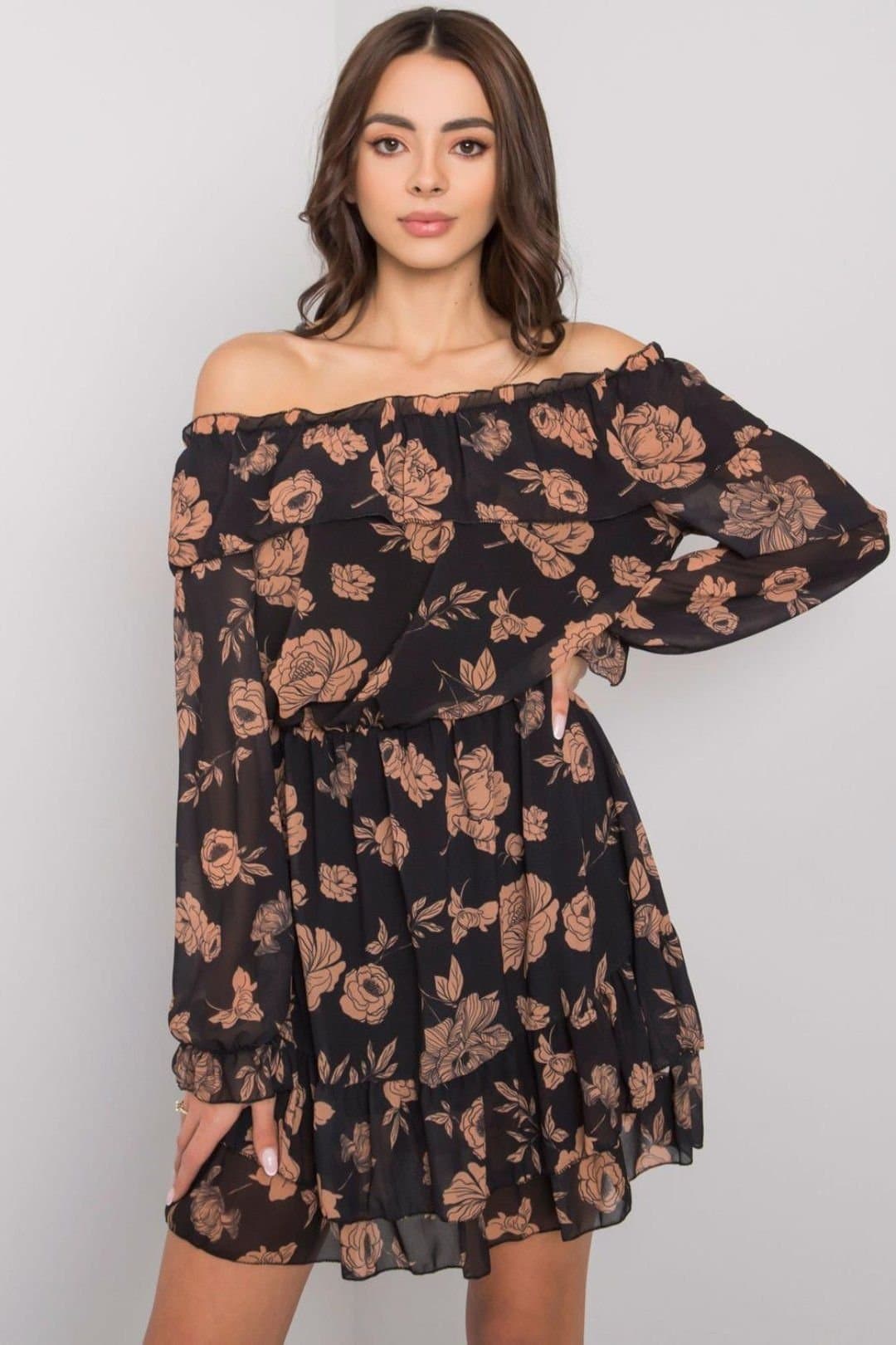 Love Lace Love Lace Women's Long Sleeve Lined Dress Spanish Neck Frill Hem in Black