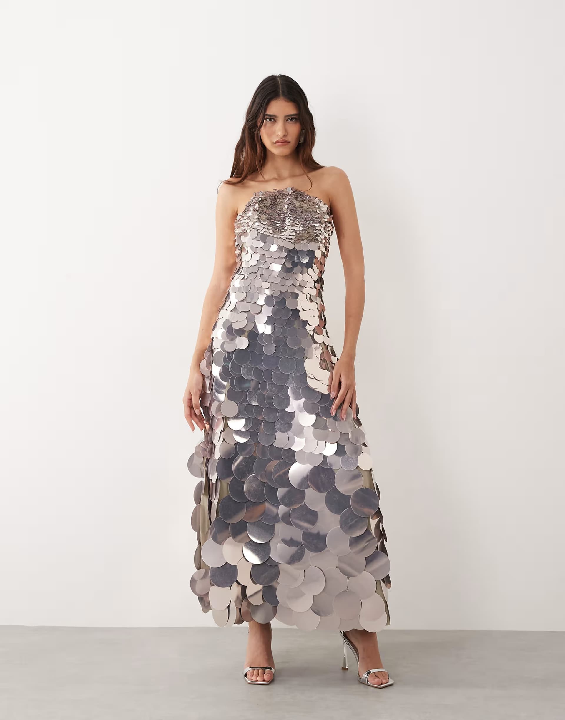 ASOS ARRANGE disc sequin crescent bandeau maxi dress in silver