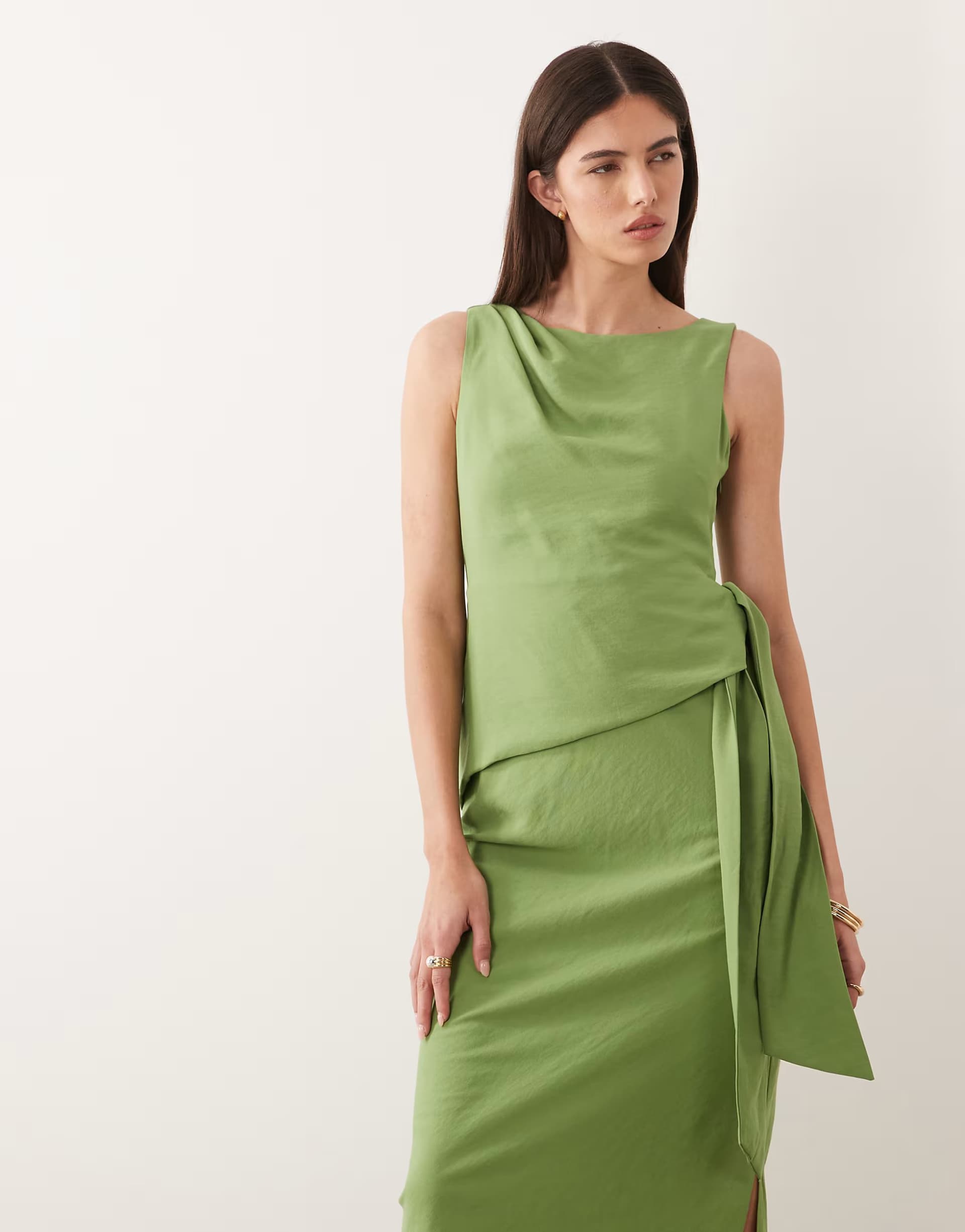 ASOS Nobody's Child Occasion Elvie boat neck sleeveless wrap detail midi dress in green