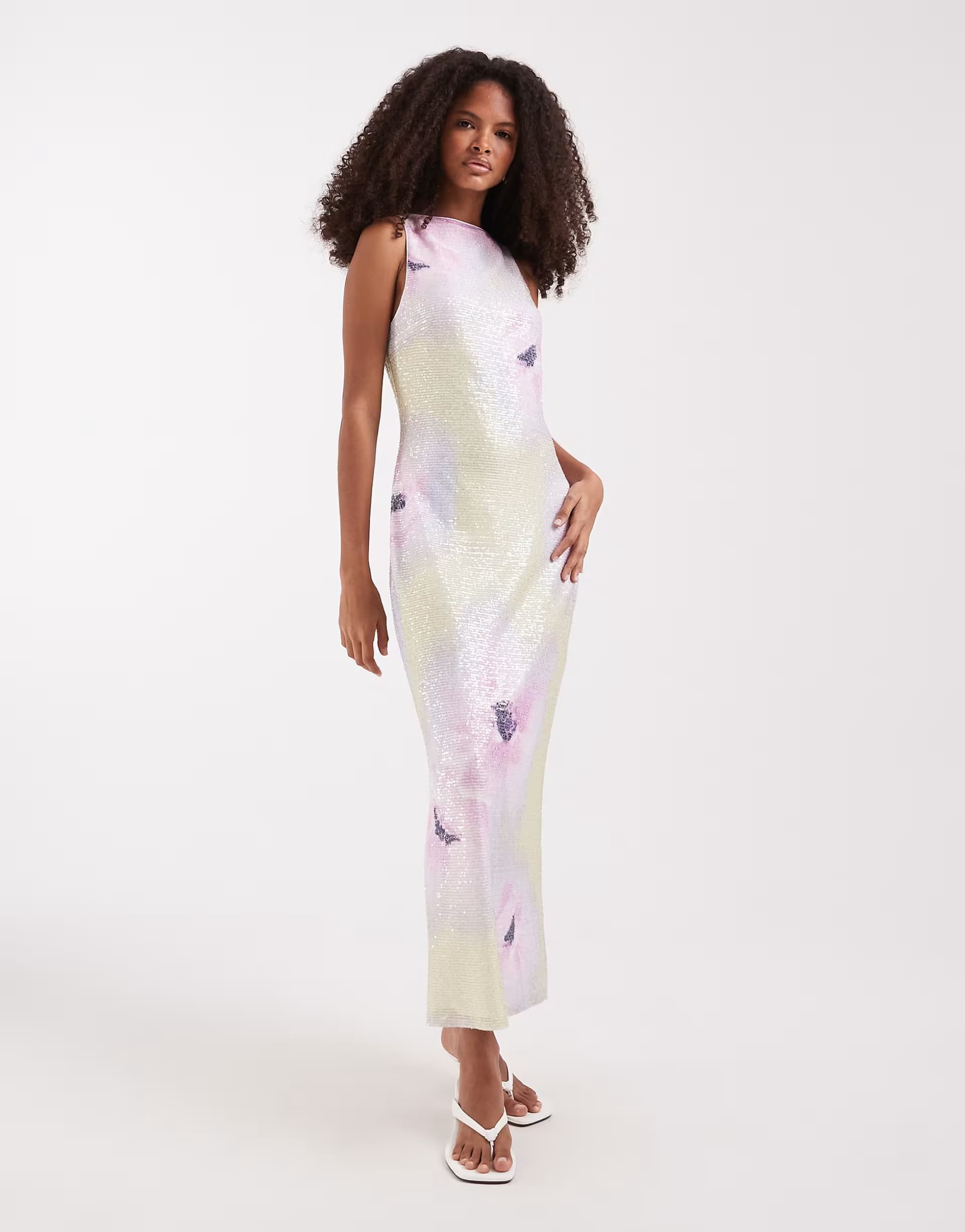 ASOS Pretty Lavish printed sequin midaxi dress in watercolour lemon floral