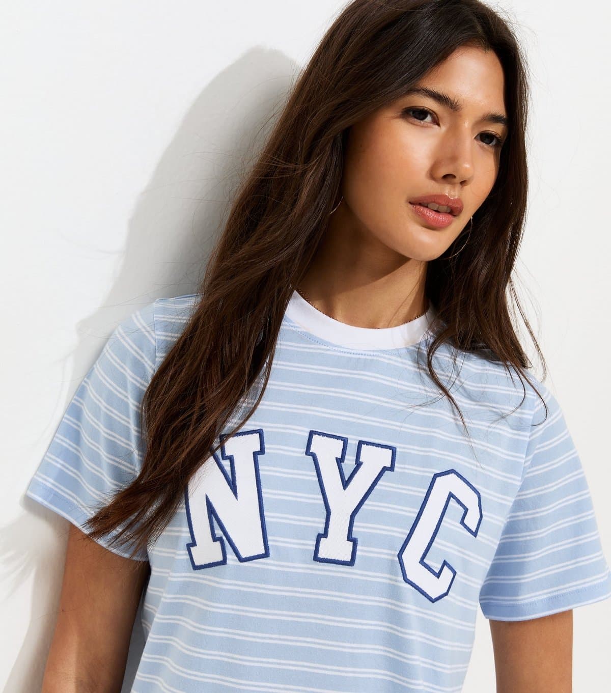 New Look Women's Blue Cotton Striped NYC Relaxed Fit T-Shirt New Look
