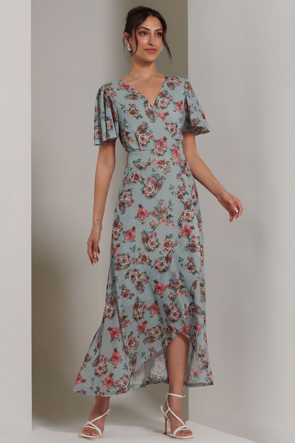 Jolie Moi Jolie Moi Women's Printed Mesh Frill Dip Hem Dress in Green