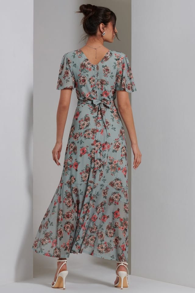 Jolie Moi Jolie Moi Women's Printed Mesh Frill Dip Hem Dress in Green - 2