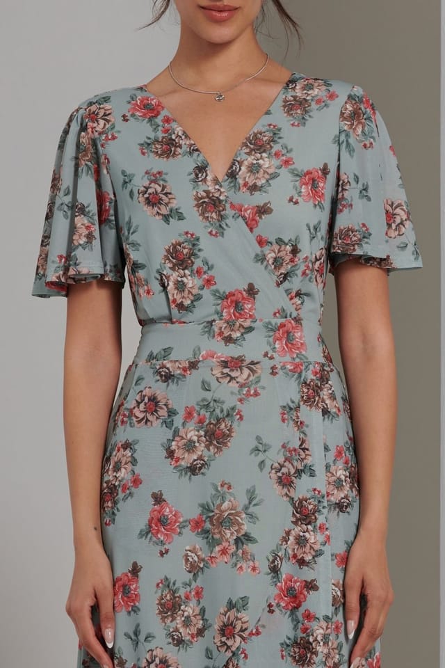 Jolie Moi Jolie Moi Women's Printed Mesh Frill Dip Hem Dress in Green - 3