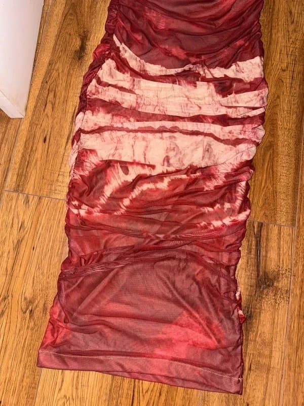 ASOS Brand New ASOS Sleeveless Ruched Mesh Midi Dress in Burgundy & Beige, Size 12