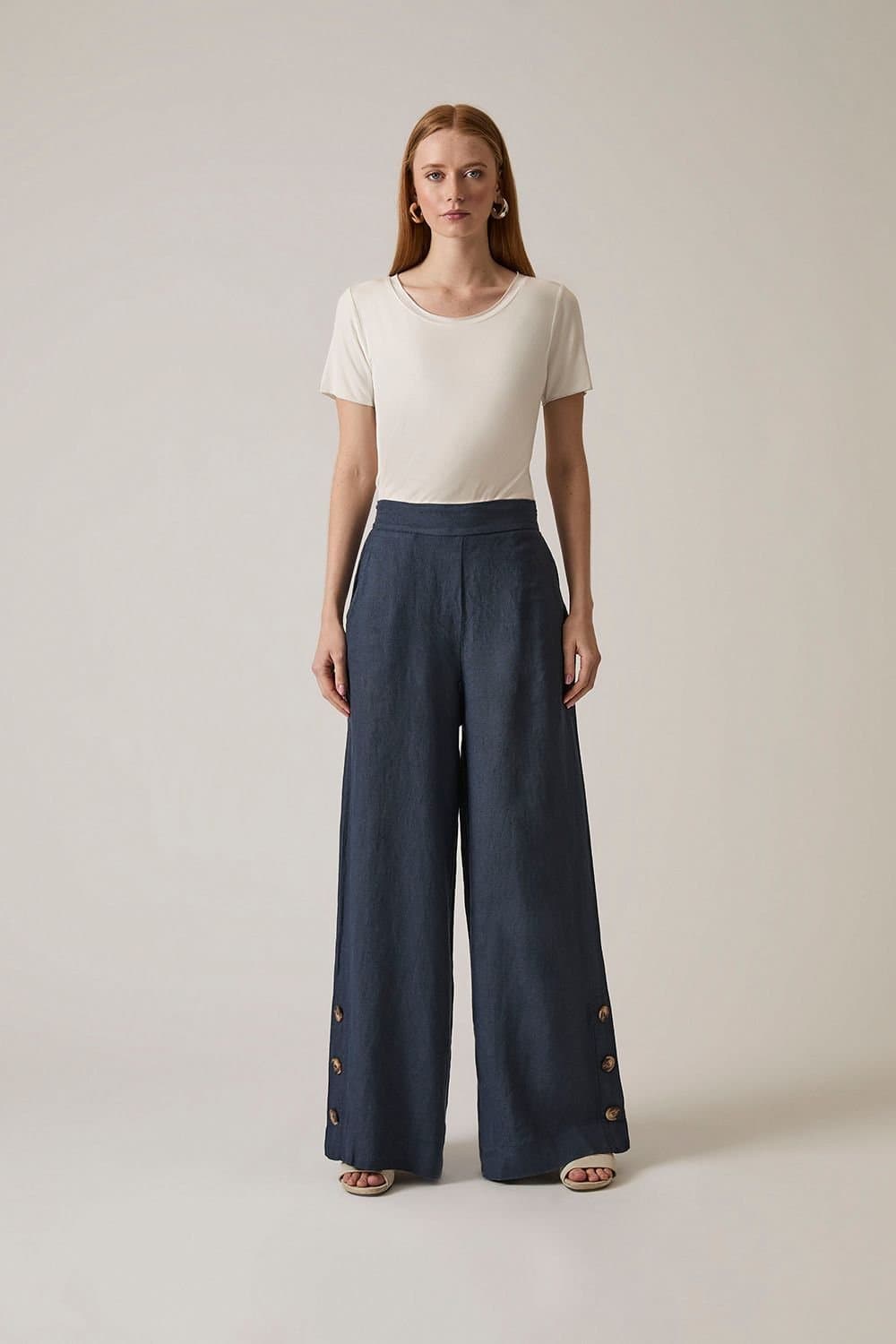 James Lakeland James Lakeland Women's Navy Linen Button Trousers