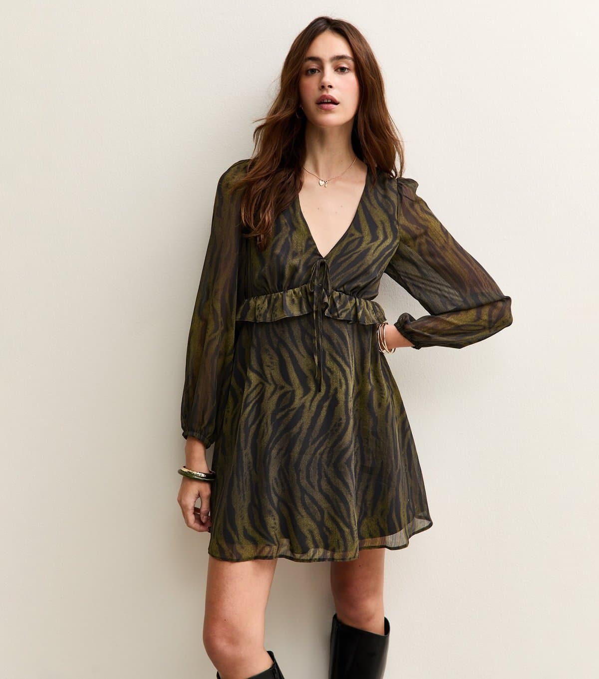 New Look Women's Green Tiger Print Chiffon Long Sleeve Mini Dress New Look