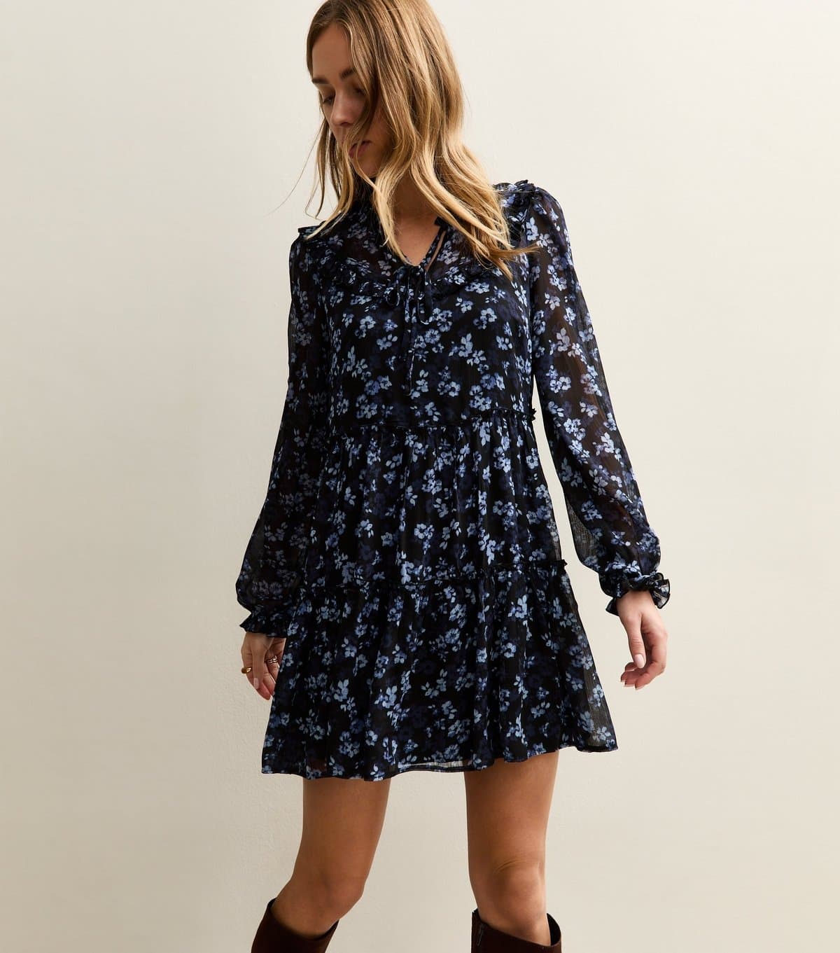 New Look Women's Navy Floral Chiffon Ruffle Mini Dress New Look
