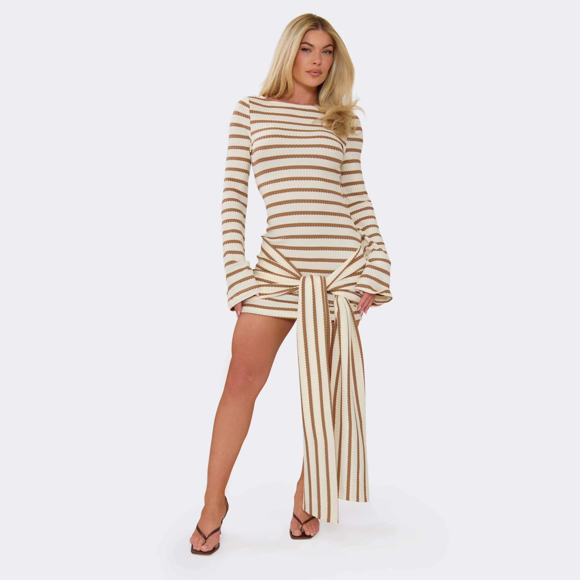 EGO Long Flared Sleeve Boat Neck Wrap Mini Dress In Brown Stripe Texture, Women's Size UK 6