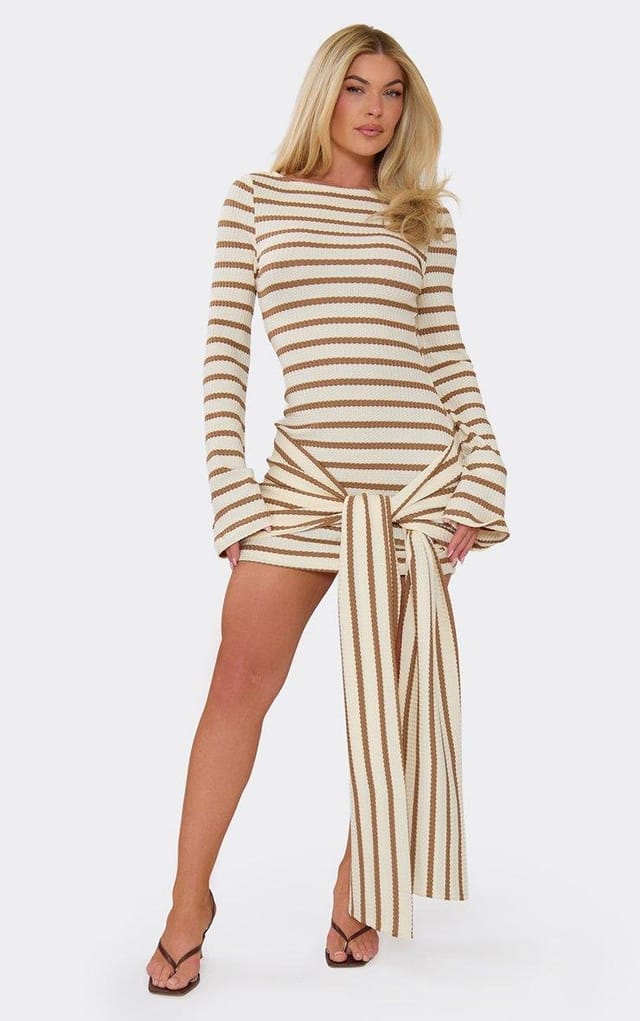 EGO Long Flared Sleeve Boat Neck Wrap Mini Dress In Brown Stripe Texture, Women's Size UK 6 - 2