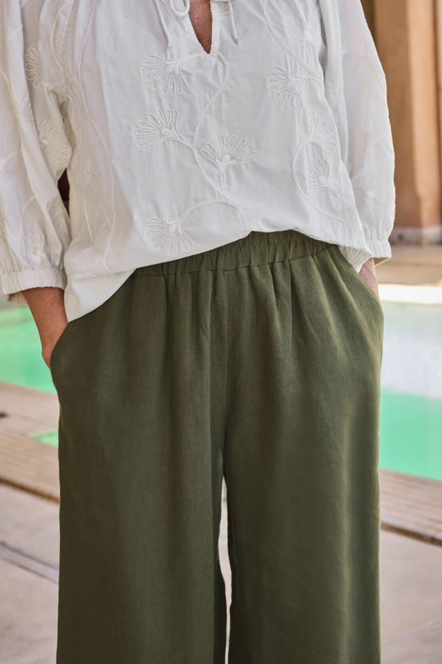 WoolOvers WoolOvers Women's Wide Leg Full Length Linen Trousers in Olive - 2