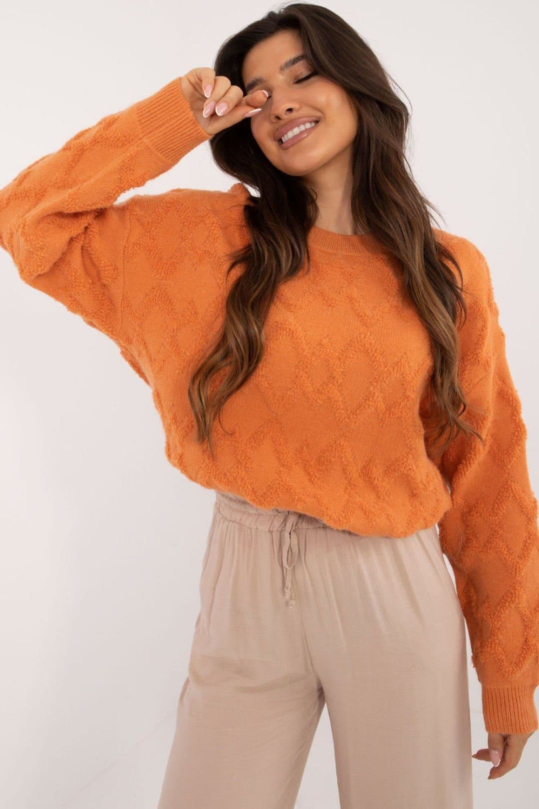 Love Lace Love Lace Women's Textured Knit Round Neck Casual Sweater in Orange