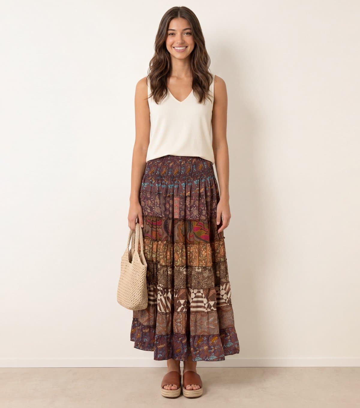 Blue Vanilla Women's Dark Brown Floral Paisley Tiered Midi Skirt Blue Vanilla New Look