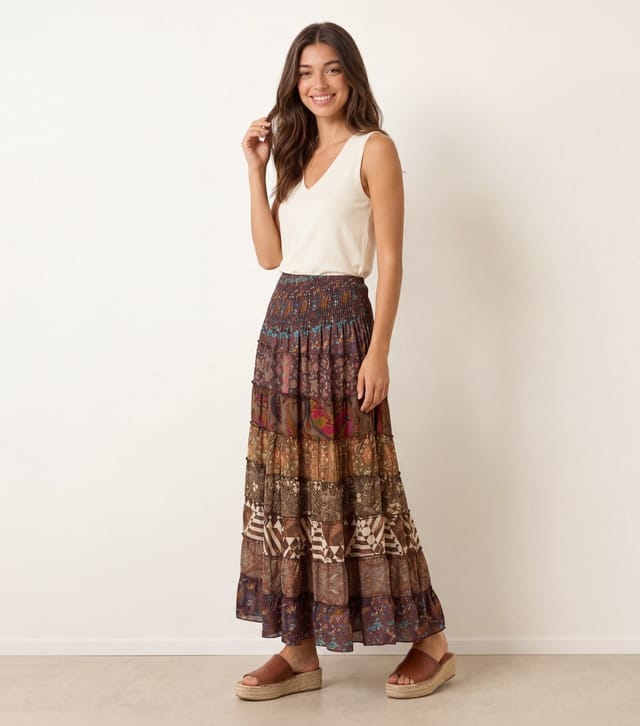 Blue Vanilla Women's Dark Brown Floral Paisley Tiered Midi Skirt Blue Vanilla New Look - 3