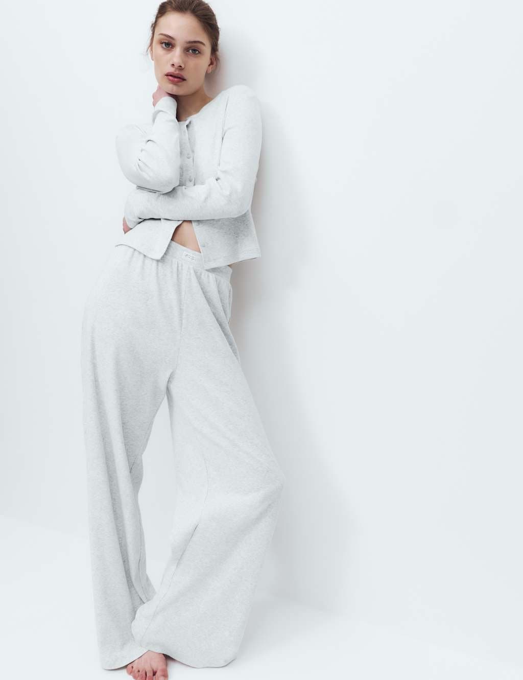 Marks & Spencer M&S Cotton Rich Ribbed Wide Leg Pyjama Bottoms Grey Marl