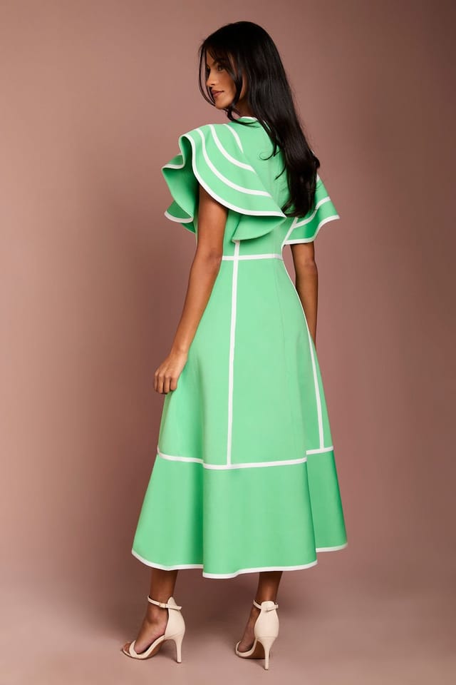 Coast Coast Women's Petite Ruffle Shoulder Piped Bandage Midi Dress in Green - 3