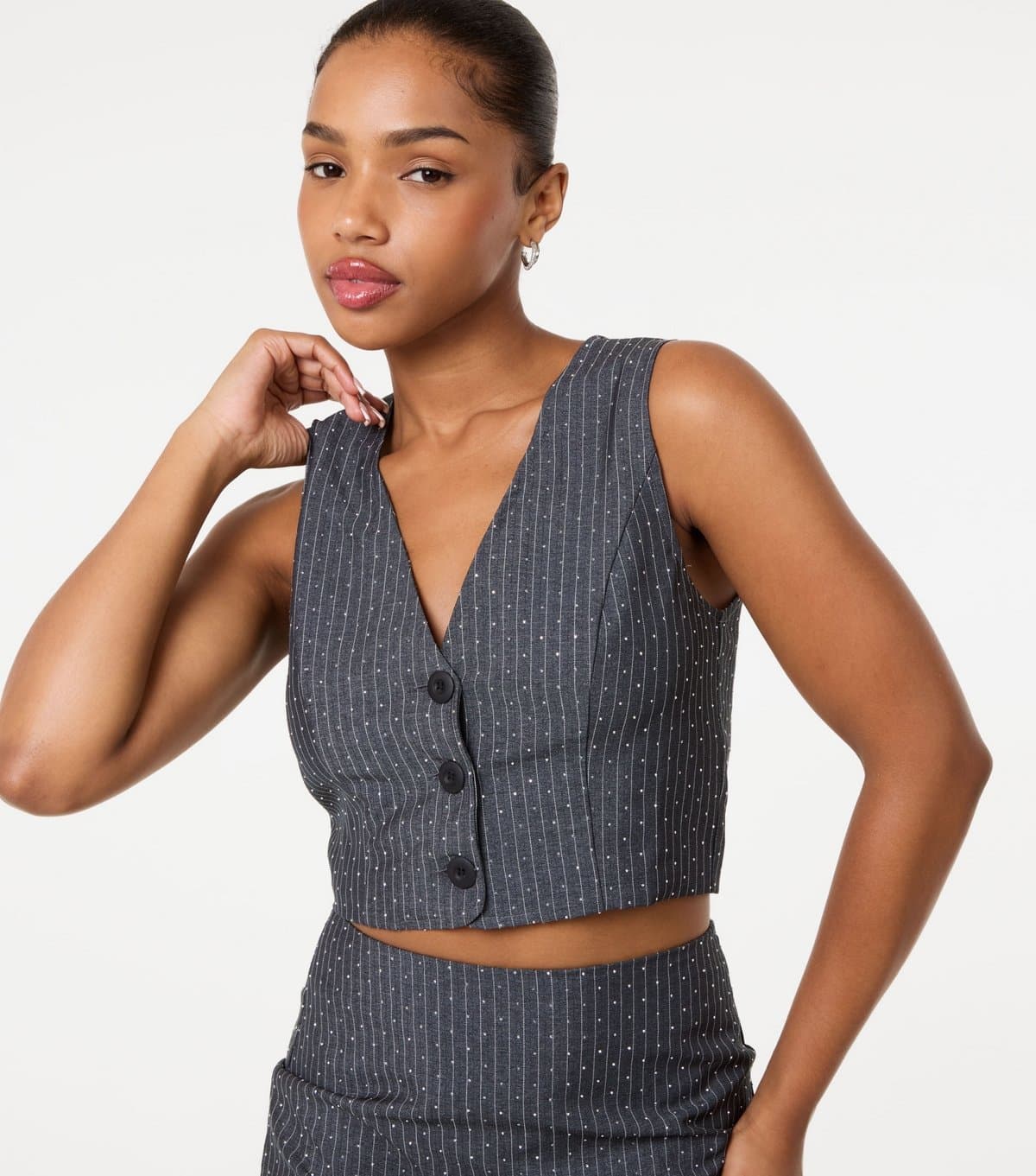 Pink Vanilla Women's Grey Striped Diamante Embellished Waistcoat Pink Vanilla New Look