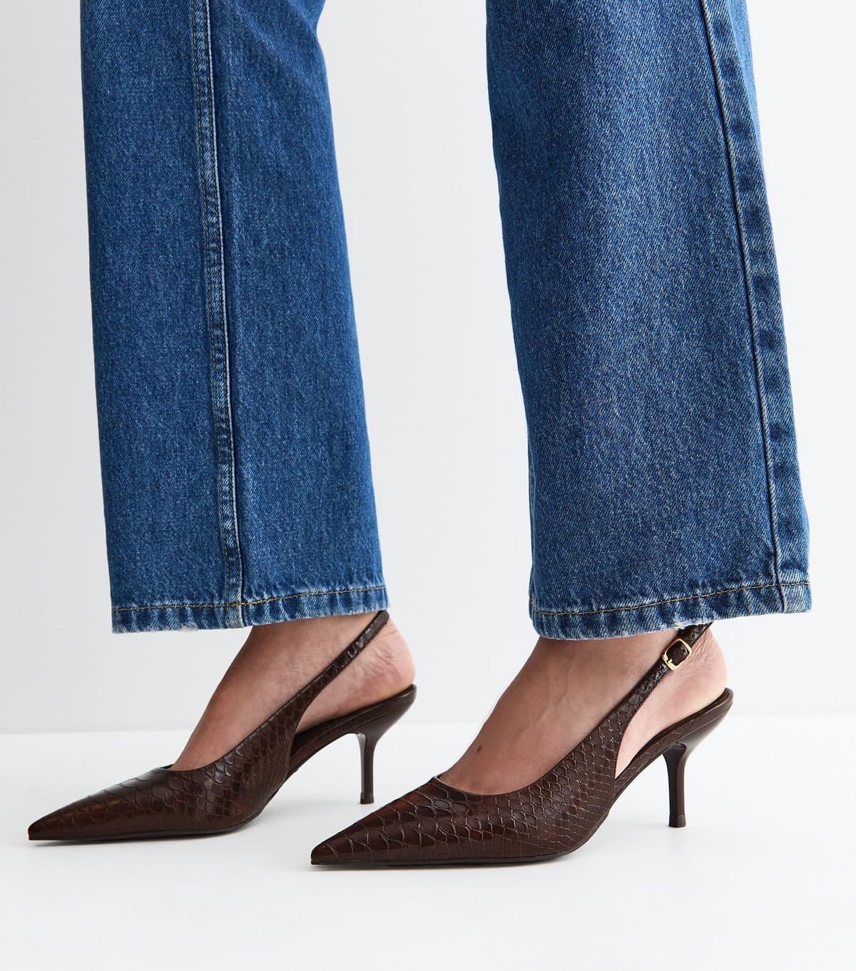 New Look Women's Dark Brown Faux Leather Snakeskin Embossed Slingback Heels Vegan New Look