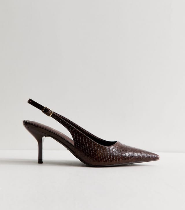 New Look Women's Dark Brown Faux Leather Snakeskin Embossed Slingback Heels Vegan New Look - 2