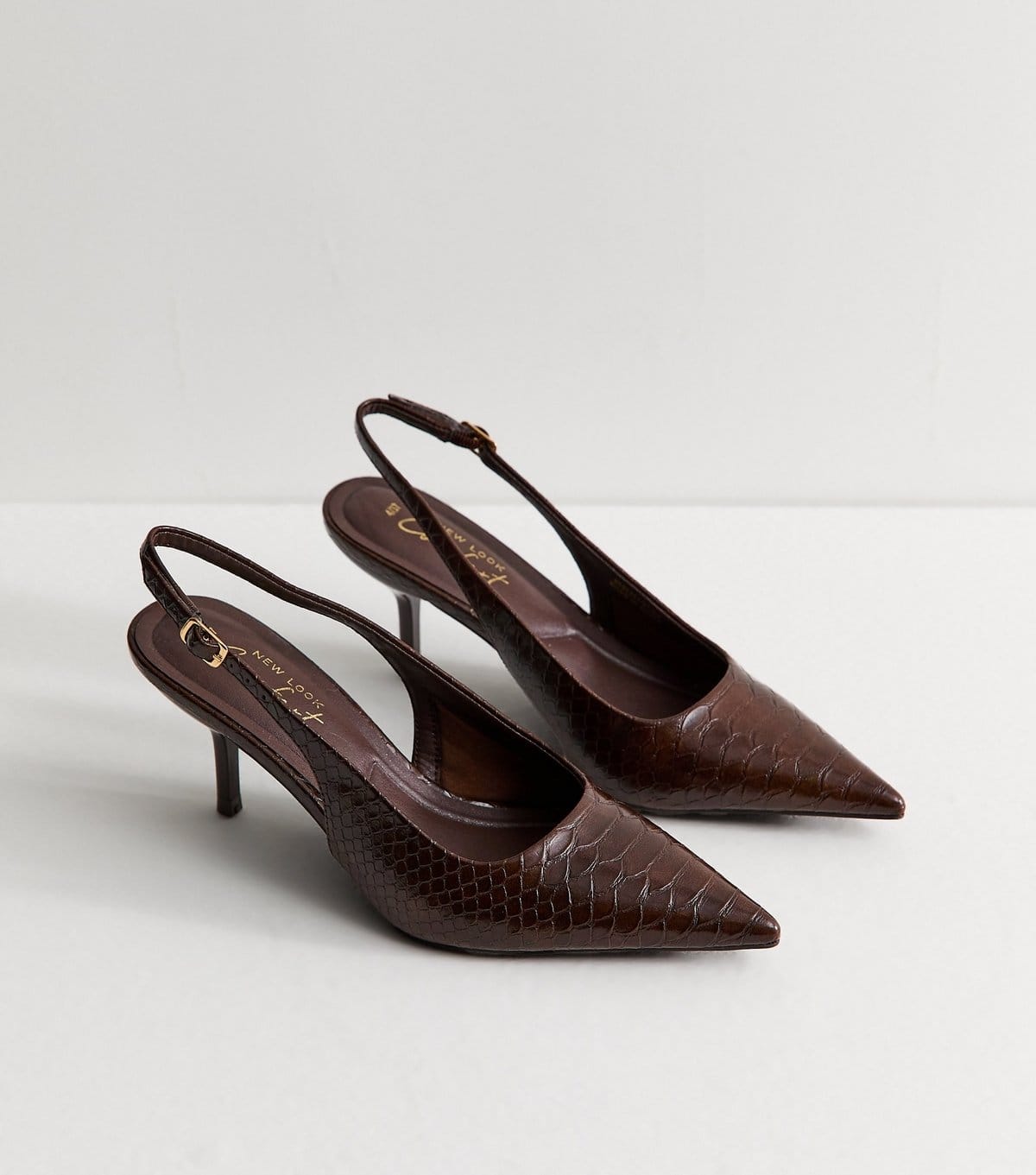New Look Women's Dark Brown Faux Leather Snakeskin Embossed Slingback Heels Vegan New Look - 4