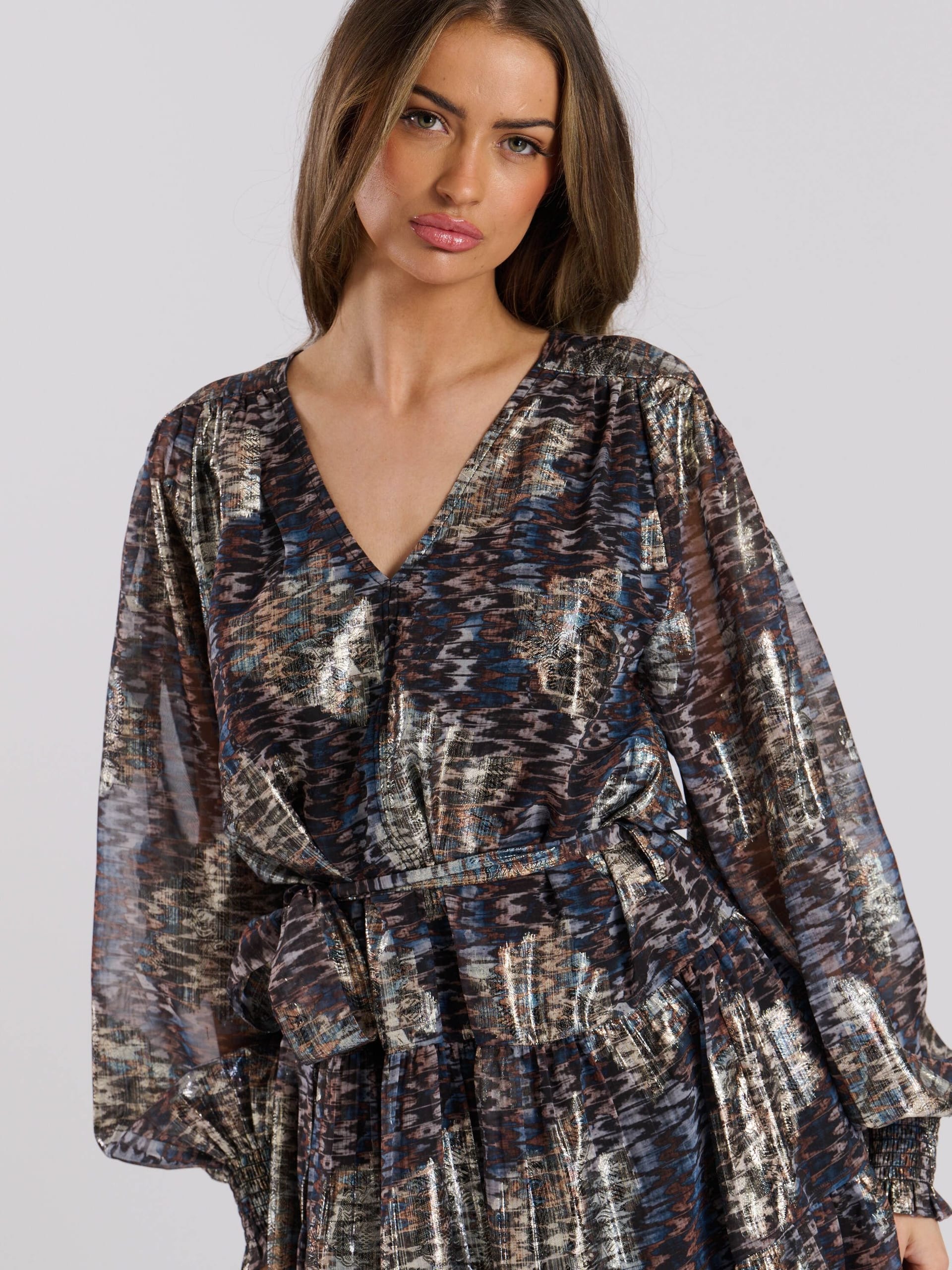 Finding Friday Finding Friday Women's Print Metallic Long Sleeve Short Dress - 4