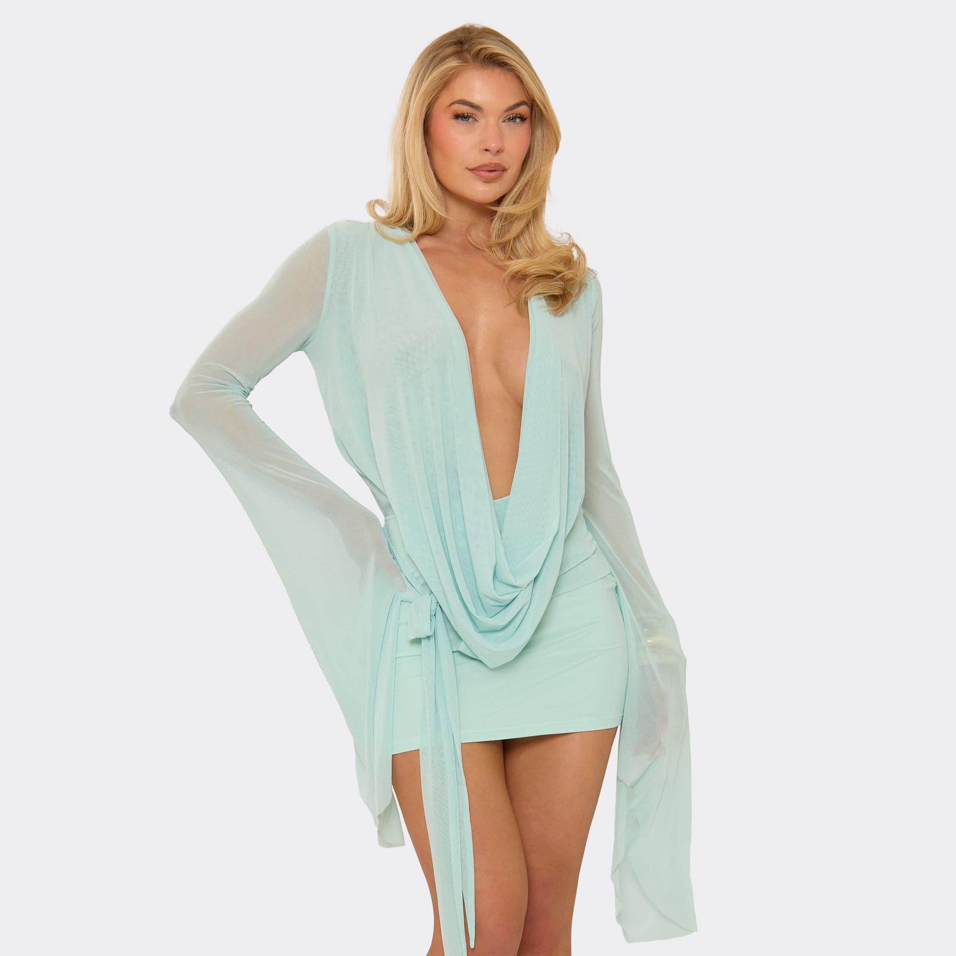 EGO Exaggerated Sleeve Cowl Neck Open Tie Back Detail Mini Dress In Mint Green, Women's Size UK L