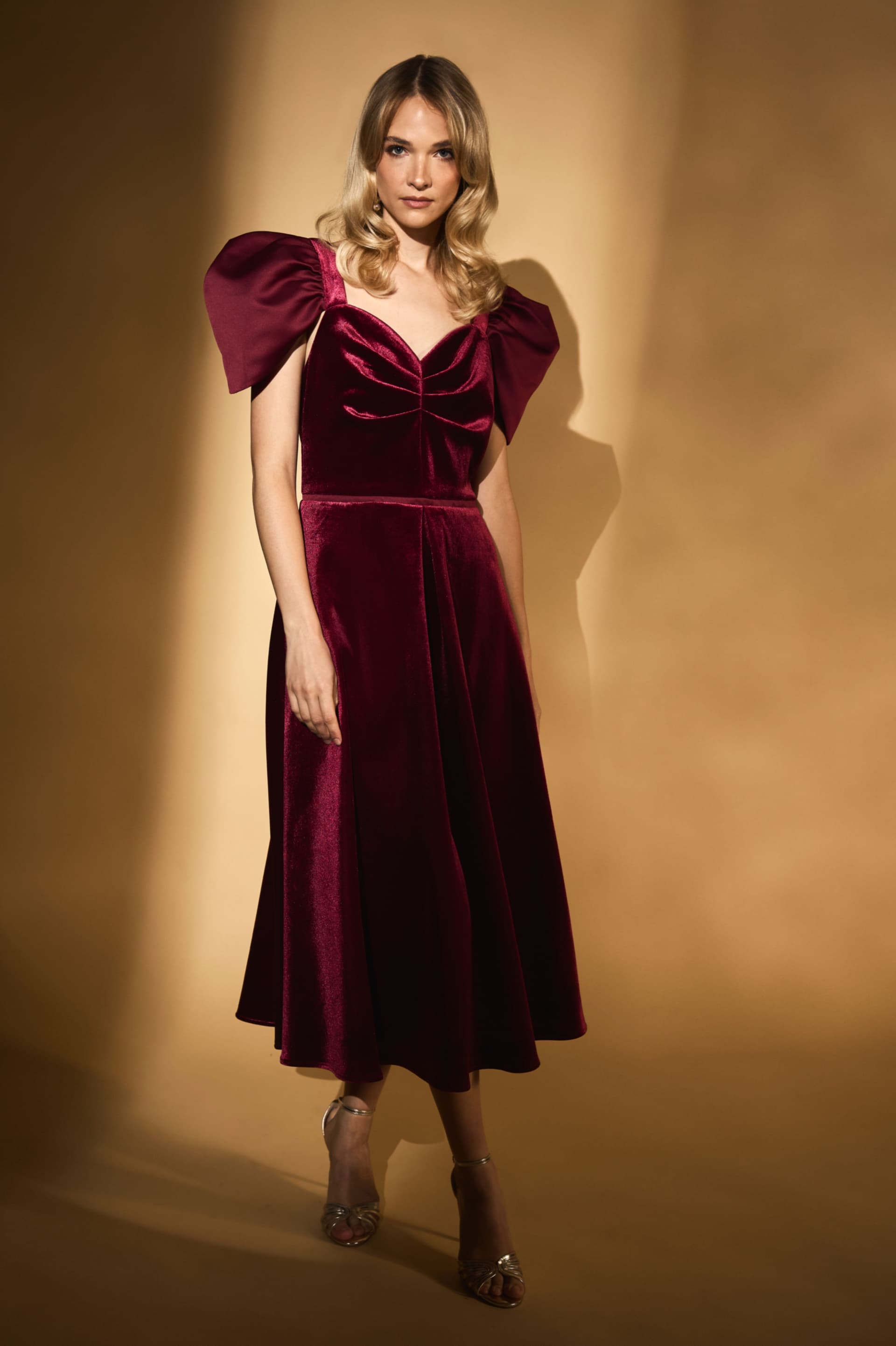 Coast Coast Wine Velvet Drape Sleeve Midi Dress