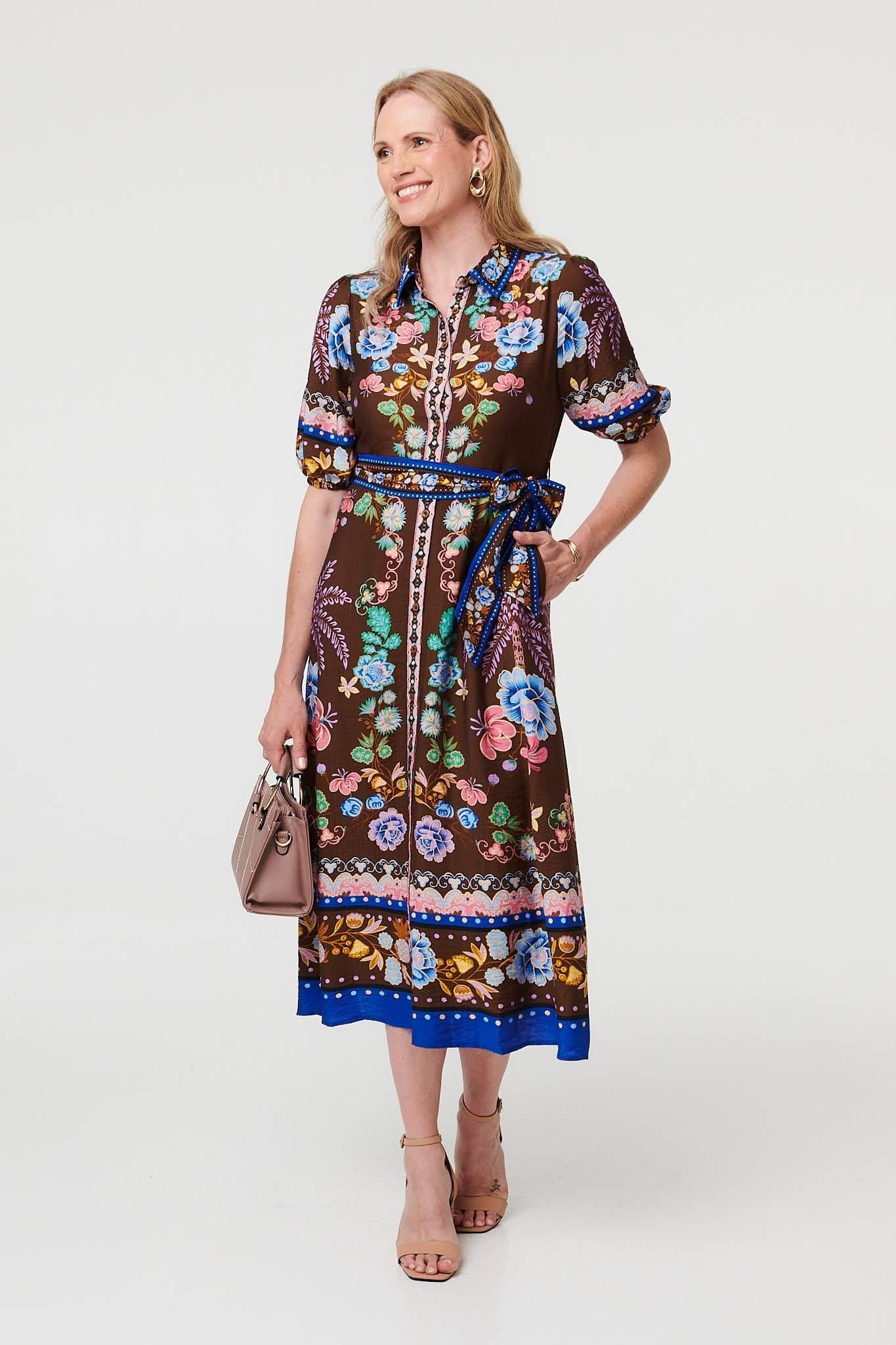 Izabel London Izabel London Women's Floral 1/2 Puff Sleeve Shirt Midi Dress in Brown