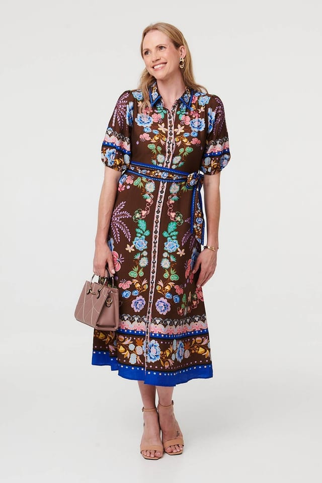 Izabel London Izabel London Women's Floral 1/2 Puff Sleeve Shirt Midi Dress in Brown - 2
