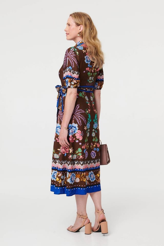 Izabel London Izabel London Women's Floral 1/2 Puff Sleeve Shirt Midi Dress in Brown - 3