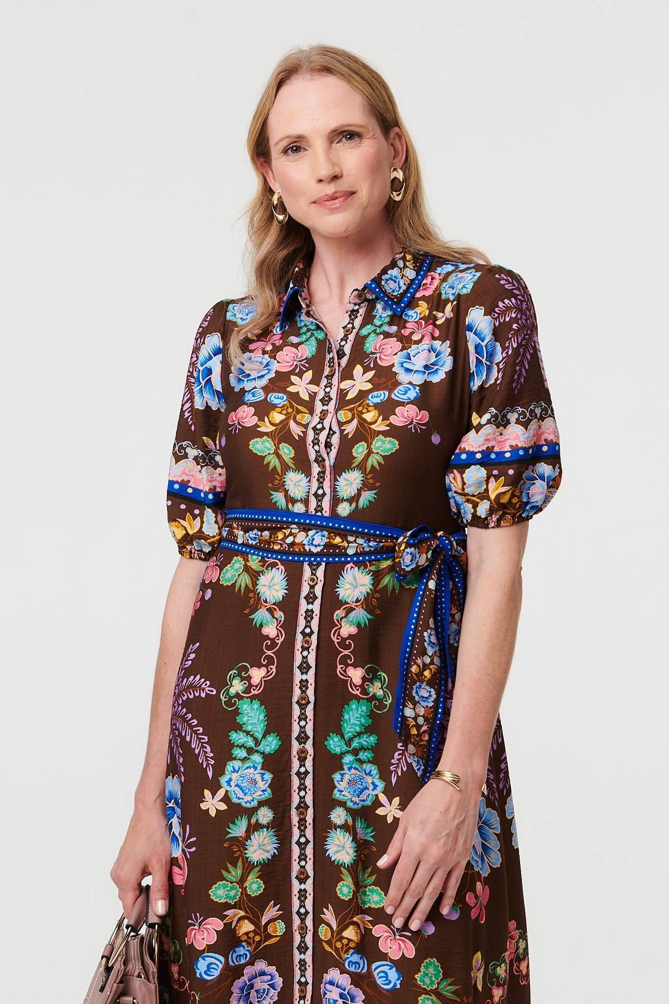 Izabel London Izabel London Women's Floral 1/2 Puff Sleeve Shirt Midi Dress in Brown - 4