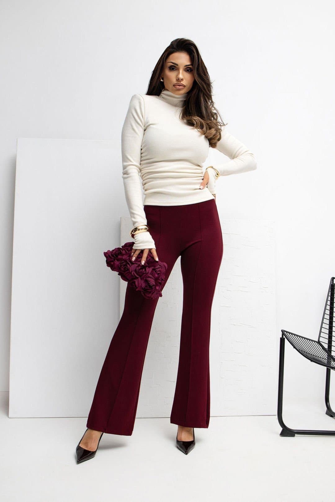 Love Lace Love Lace Women's Butter Soft High Waist Bell Sweatpants in Burgundy