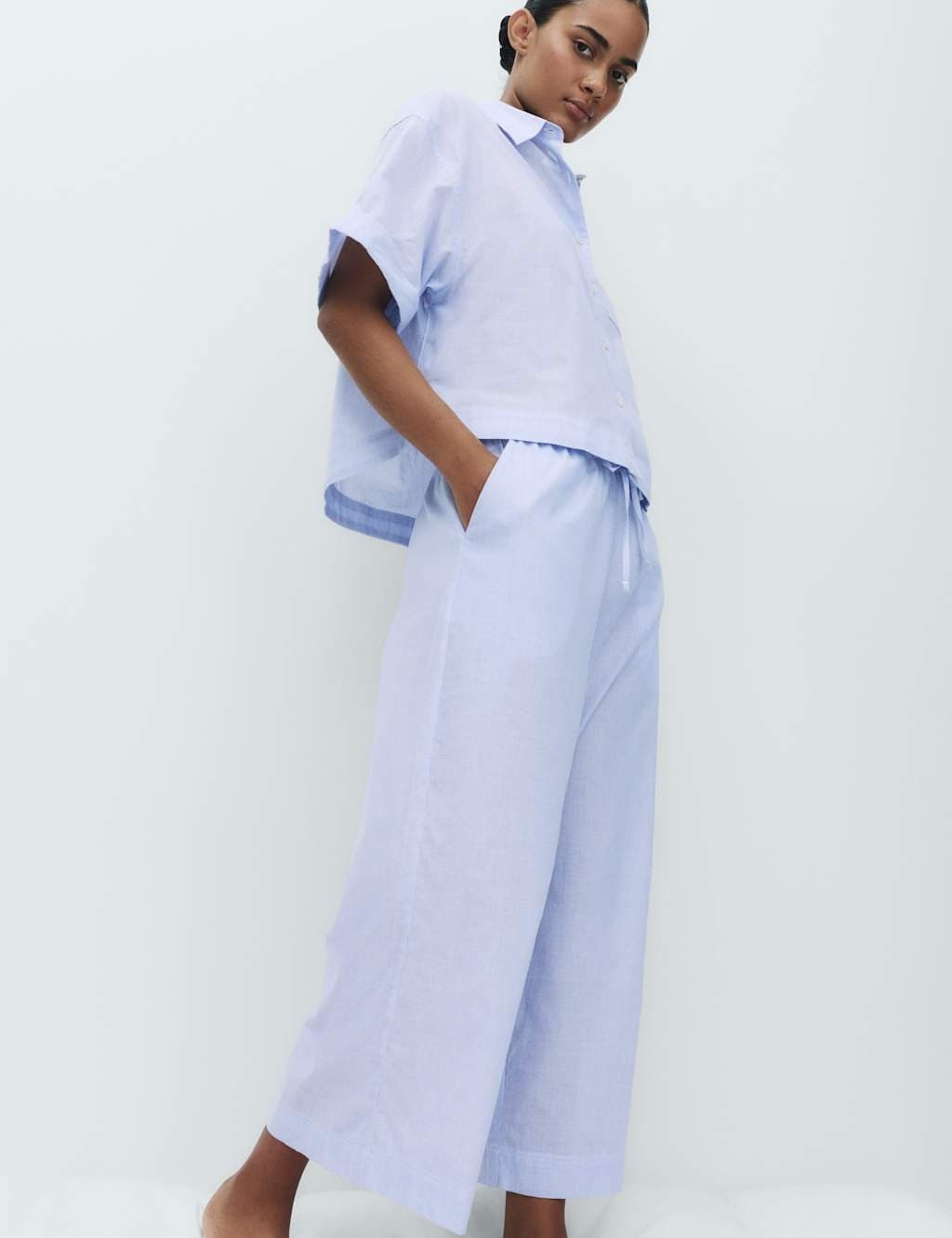 Marks & Spencer M&S Pure Cotton Striped Cropped Pyjama Bottoms Blue Mix