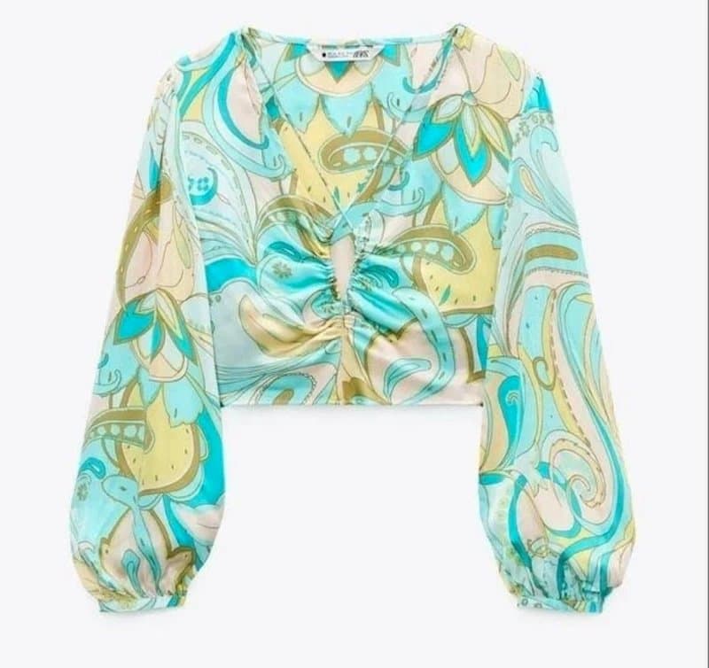 Zara 🌸 Zara Holly Top Green Blue Paisley Satin Crop Top Ruched Front Long Sleeve UK 8 10