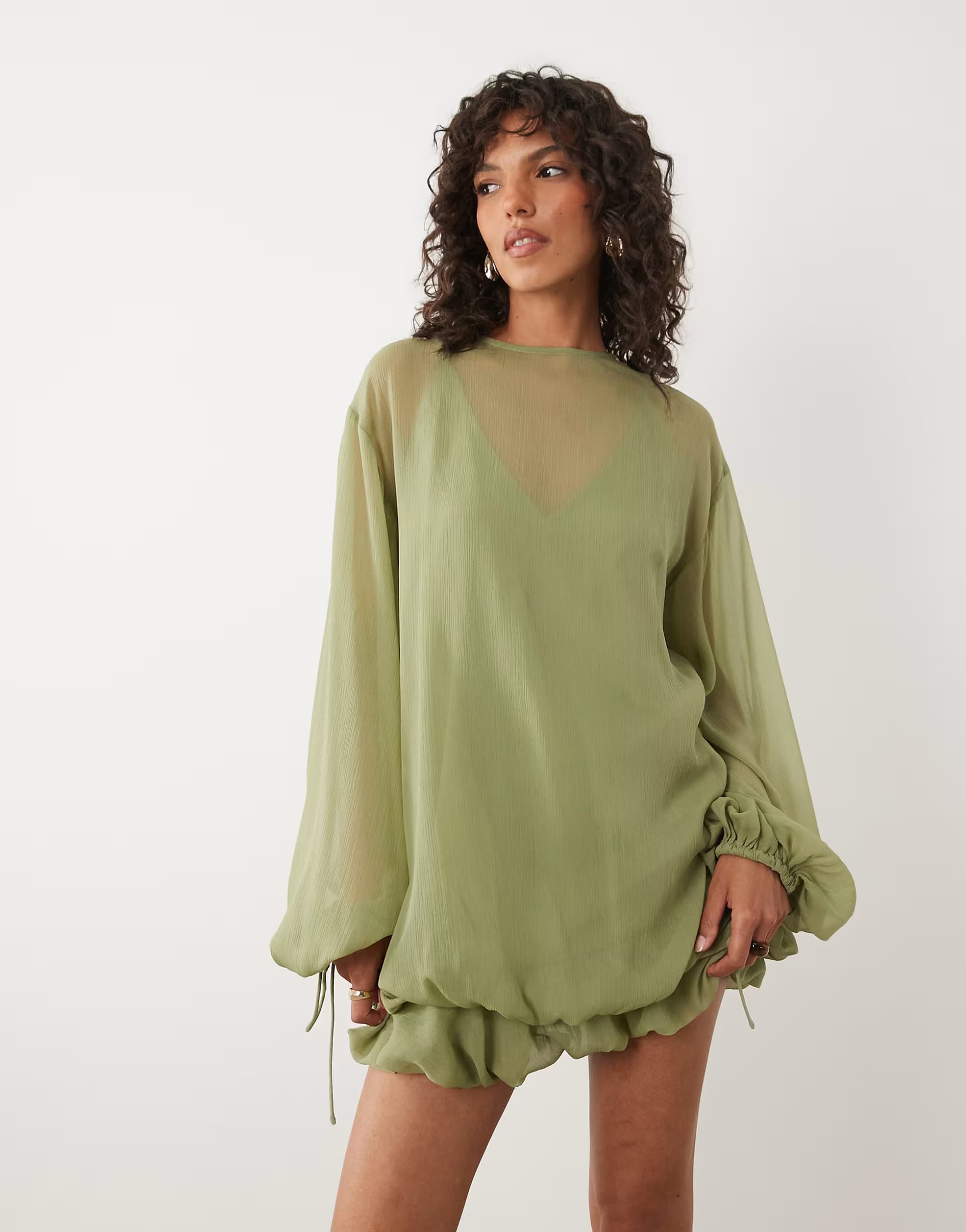 ASOS ASOS DESIGN high neck chiffon mini dress with blouson waist in sage