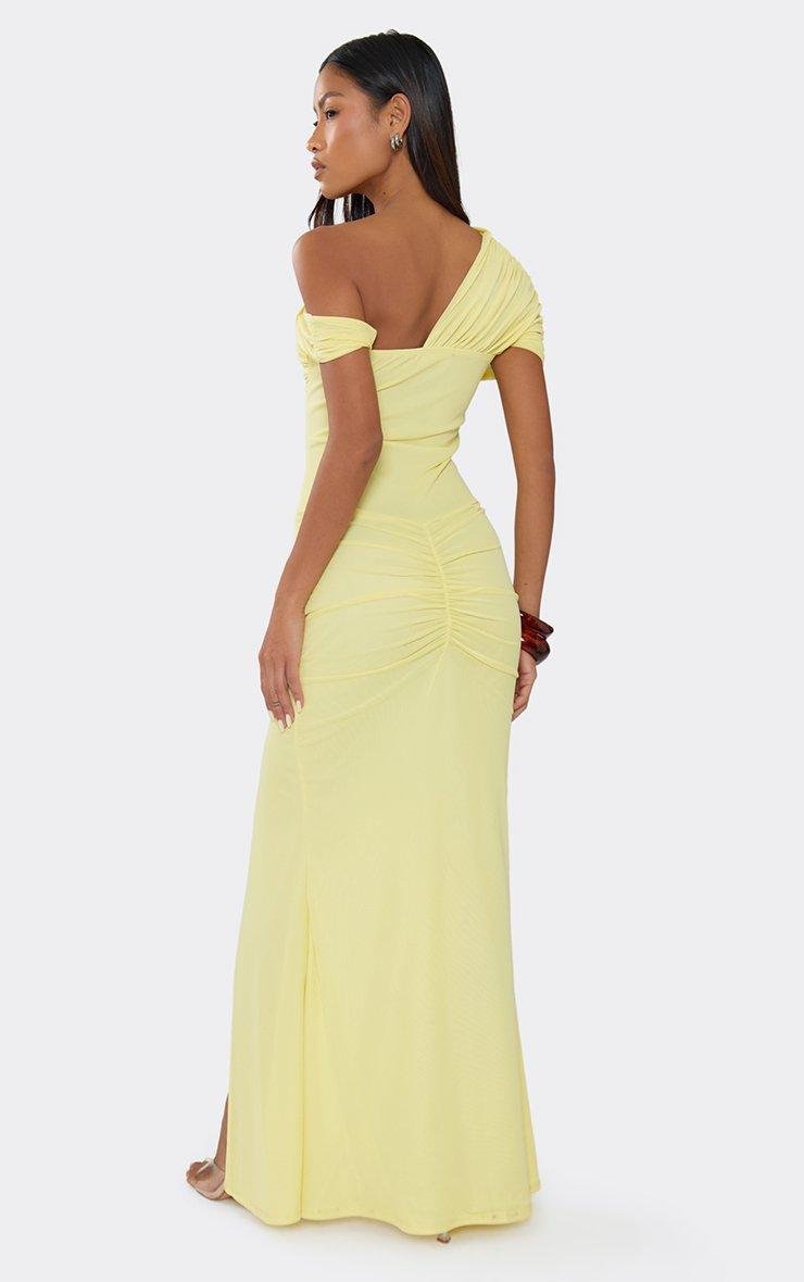 EGO Off The Shoulder Layered Detail Ruched Side Split Maxi Dress In Yellow Mesh, Women's Size UK 6 - 2