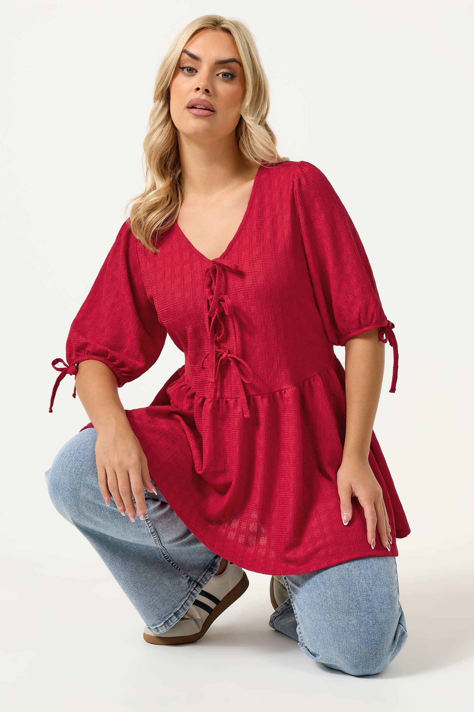 Yours Plus Size Red Textured Bow Tie Front Top