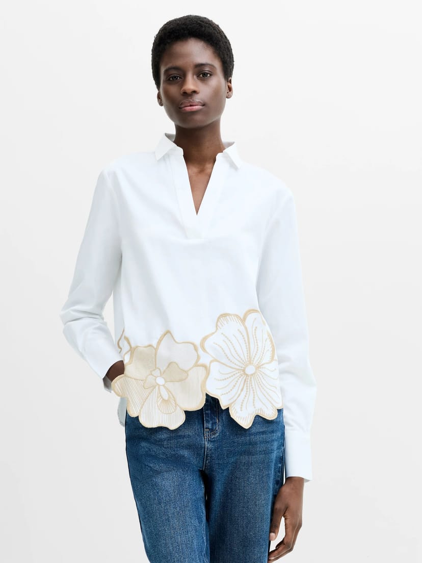 French Connection Cotton Floral Embroidered Hem White Popover Shirt Linen White/Sesame Neutral - 1